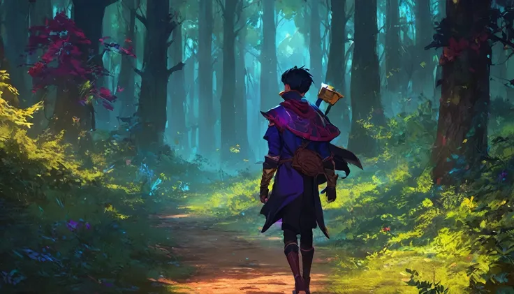  a human boy walking in a dense forest, NIGHT, high fantasy RPG style, League of Legends-inspired art style, dynamic poses, detailed facial features, cinematic lighting, vibrant colors, dramatic atmosphere, gritty realism, masterpiece, best quality, ultra-...