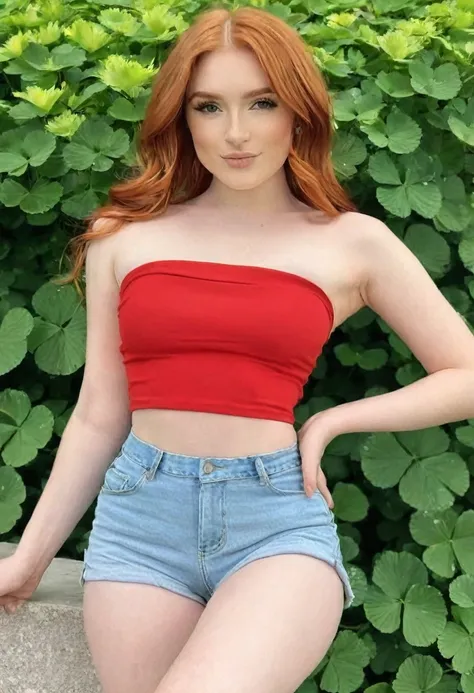 ((Best resolution:1.4)), ((high quality:1.2)), (Work of art), 8k, extremely detailed, ((High detail:1.2)), Solo, ((HotLexi pretty perfect irish red-haired female with 24 years old)), (crop top strapless, mini-shorts), ((perfect hot body)), (square-shaped d...