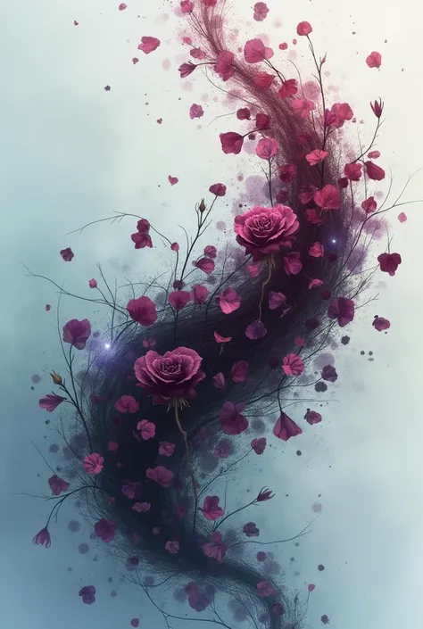 An illustration for the song "Roses are Dead" that conveys something chaotic and sad, but without being explicitly melancholic, it could have as a central element rose petals that seem to be falling or being undone. Instead of vibrant, living roses, the pe...