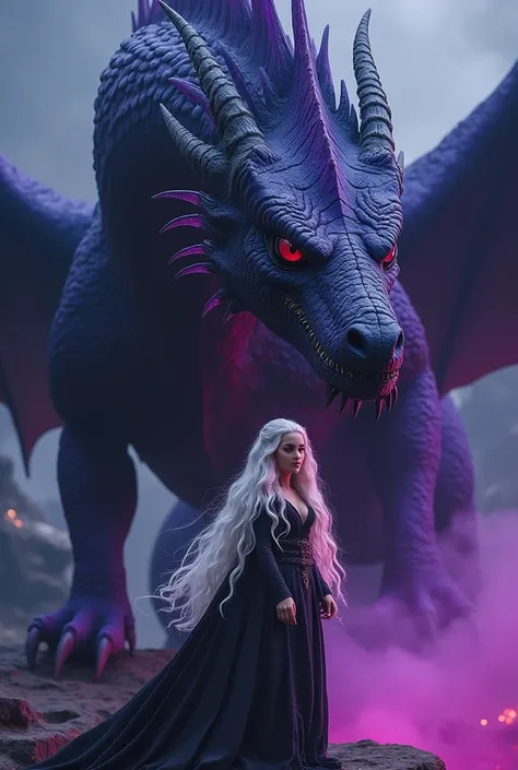 Alicia Agneson as Targaryen, violet eyes, wavy fur, and next to it a large welshdragon of intense purple and black, deep red eyes, bright scales of blue and dark purple, a large osico, black and purple flame combination, and its scary