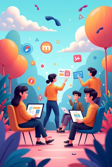 want a banner for your website that showcases learning and designing concepts related to Figma, LinkedIn, and Canva. Heres an idea:

Image description: A colorful banner featuring a group of small 3D cartoon humans engaged in various design-related activit...