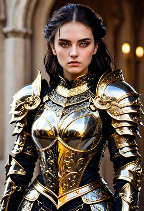 a close up of a woman in armor with a sword, stunning armor, wearing fantasy armor, very stylish fantasy armor, gold heavy armor. dramatic, beautiful armor, fantasy armor, black and gold armor, gothic armor, wearing ornate armor, intricate armour costumes,...