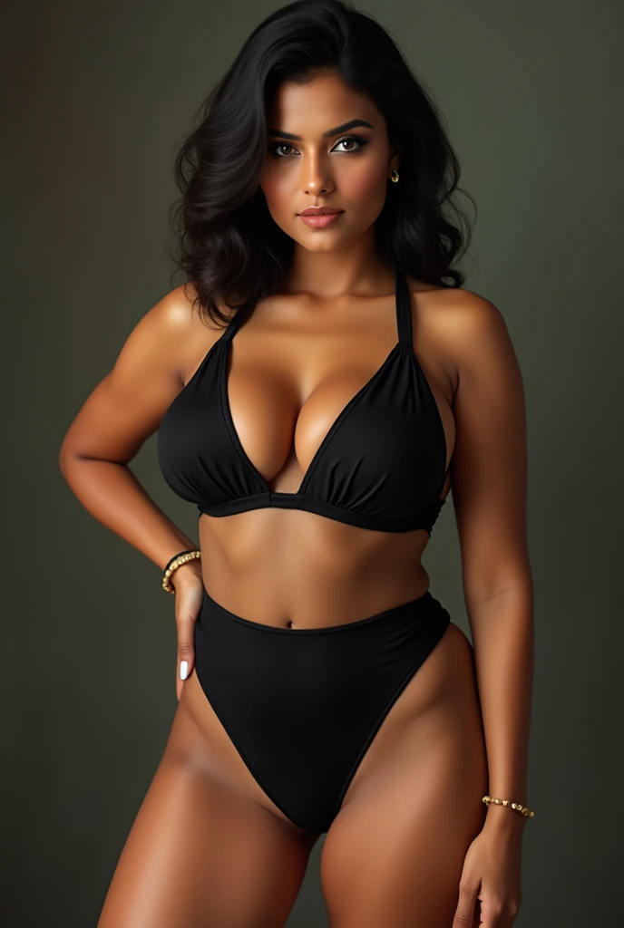 Indian girl in single piece swimsuit, 35 years old, cleavage, huge breasts, hour glass figure, extremely detailed eyes and face, front view, looking at camera, (sexy hot body:1.4), seductive expression