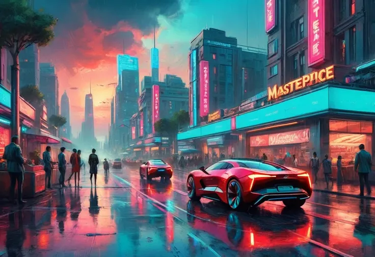 ((tmasterpiece)), ((beste-Qualit)),The street of a high-tech metropolis with futuristic levitating cars, crap, after rain, neon signage, The Milky Way in the sky, Thunderbolt, Crimson Sunset, [Turquoise], Concept art, maximalism, (( in the style of Jonas D...