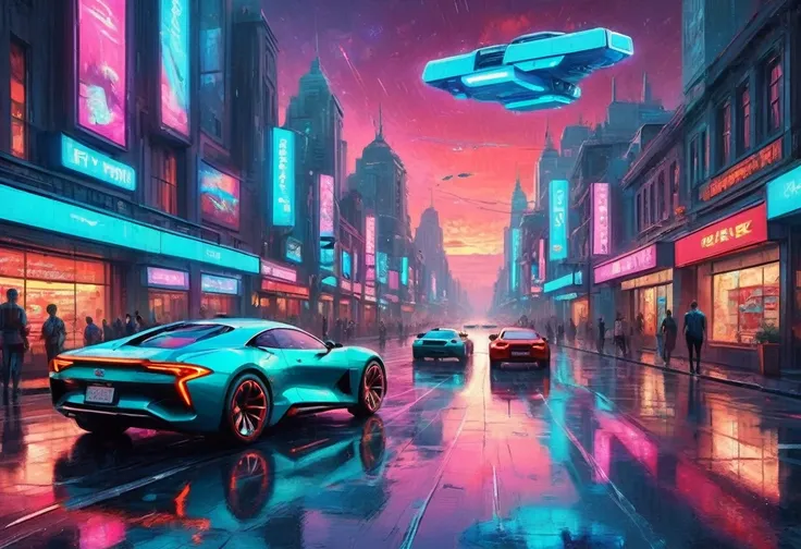 ((tmasterpiece)), ((beste-Qualit)),The street of a high-tech metropolis with futuristic levitating cars, crap, after rain, neon signage, The Milky Way in the sky, Thunderbolt, Crimson Sunset, [Turquoise], Concept art, maximalism, (( in the style of Jonas D...