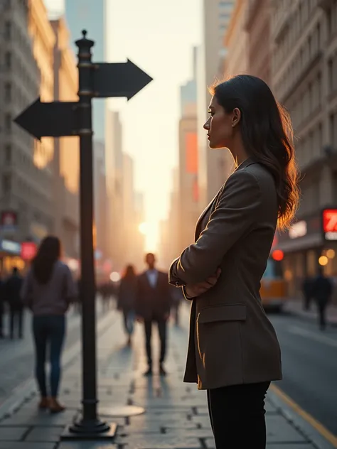 make three images  , Image of a woman looking at a sign with two arrows and wondering which way to go , Image two of the same woman consulting with two people at a desk about which path she should take , Image three: woman celebrating a good decision with ...