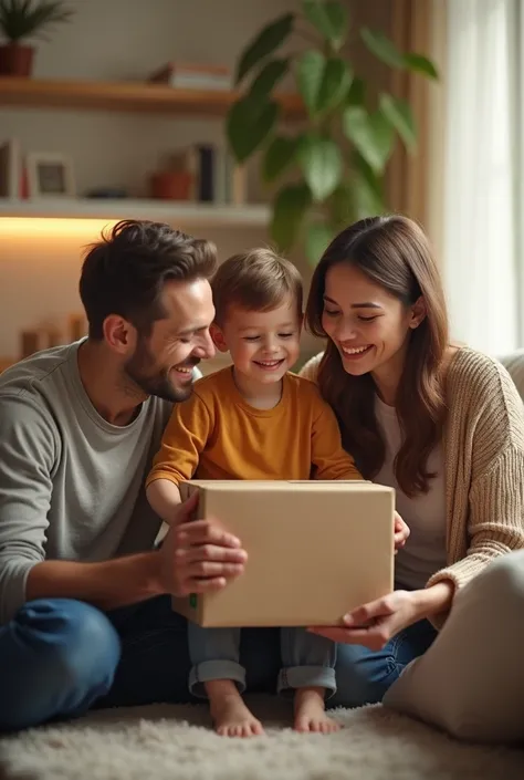 I want an image where there is a happy family. They are receiving their product they bought online.