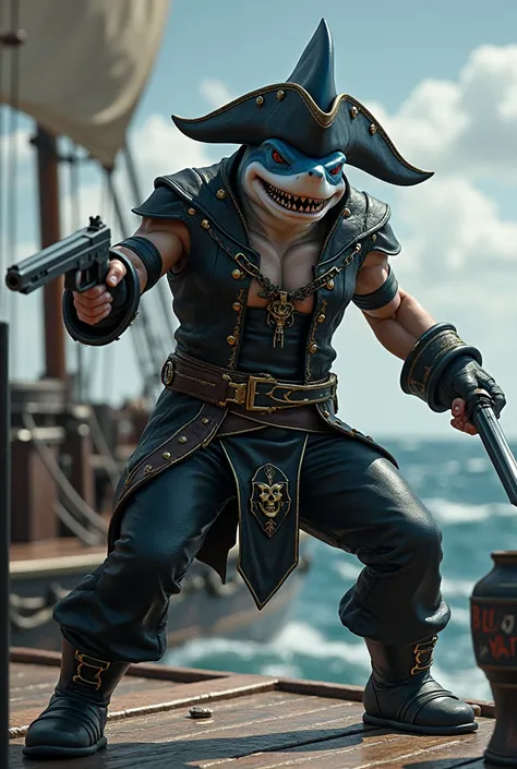 create a pirate hammerhead shark that wears a pirate outfit that has black leather features with gold details and his arms are uncovered, In the image he needs to hold a pistol in one hand and a sword in the other, while in a fighting stance with an angry ...