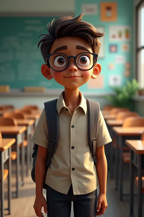 Brown-skinned boy wearing glasses with his backpack in the classroom 