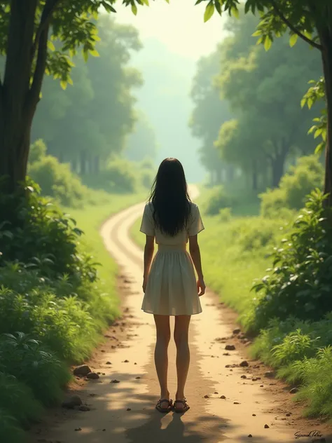 realistic image of a woman with her back turned, looking at two paths she can take