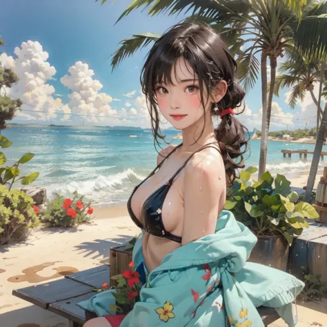 ((highest quality, masterpiece, High resolution)), ((reality)),Photos of beautiful Japanese women,((anime art))、 (((1 girl))), normal size breasts, slim body shape, long ponytail,double eyelid, Wet see-through micro bikini, A pareo with bold ethnic pattern...