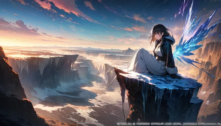 (masterpiece, top quality, best quality, official art, beautiful and aesthetic:1.2) cosmic abyss, creates images using the prism effect, character sitting on the edge of a cliff, worlds end, lonely, frozen in time, euphoria, freedom, peace of mind