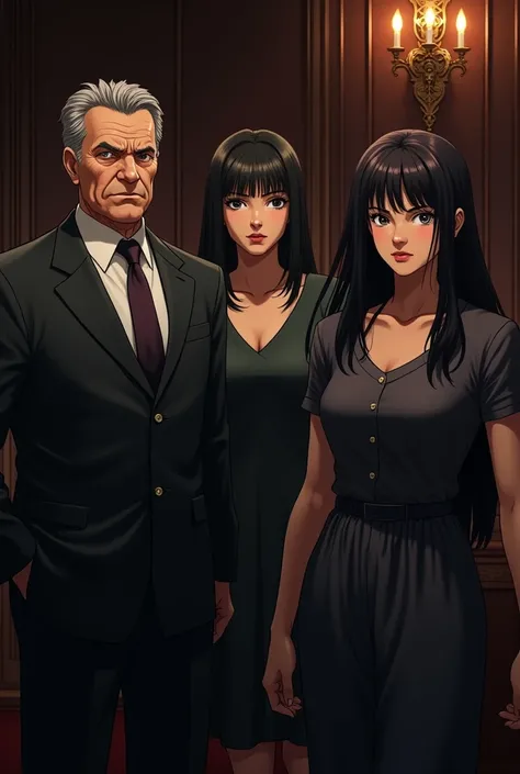 Anime style, mafia, family, mother, father, adult daughter, timid, black hair