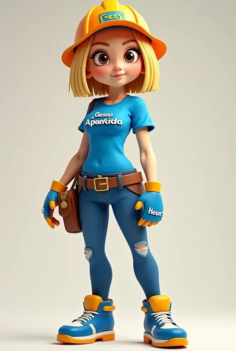 I want a mascot that is a woman with shoulder-length blonde hair, chestless, with your hands away from your body, com os olhos castanhos, blue blouse with the inscription Gesso Aparecida in white, builder hat, blue jeans and blue and yellow sneakers.