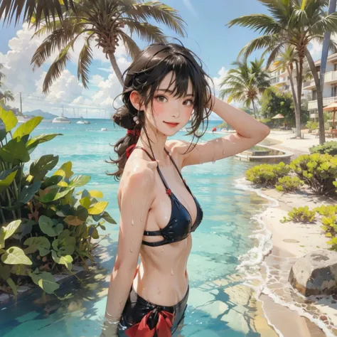 ((highest quality, masterpiece, High resolution)), ((reality)),Photos of beautiful Japanese women,((anime art))、 (((1 girl))), normal size breasts, slim body shape, long ponytail,double eyelid, Wet see-through micro bikini, A pareo with bold ethnic pattern...