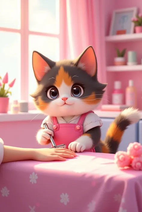 MochiCat in a pink nail studio holding a file, with her pink apron