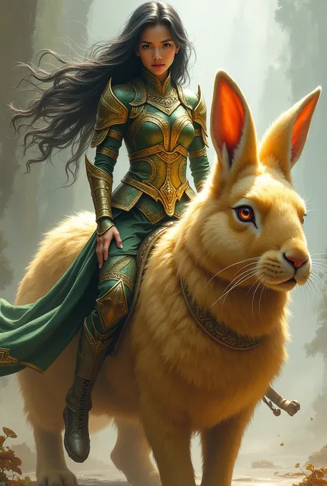 A Thai female warrior with long black hair, wearing green and gold armor, holding a large baton, riding a large golden rabbit.