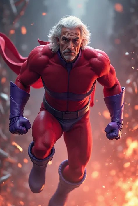 a middle-aged man with shoulder-length white hair,a red bodysuit,a purple belt,gloves and boots,a purple cape,muscular,magnetism,flying,metals,(best quality,4k,8k,highres,masterpiece:1.2),ultra-detailed,(realistic,photorealistic,photo-realistic:1.37),conce...