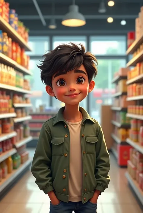 A young Indian-looking boy is standing inside a supermarket in the city and talking with a slight smile.