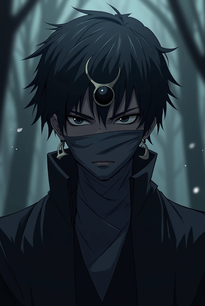 Hes a character from Demon Slayer,his hair is short and black,he has bandages over his eyes, covering them,with an eclipse head ornament,a moon earring.