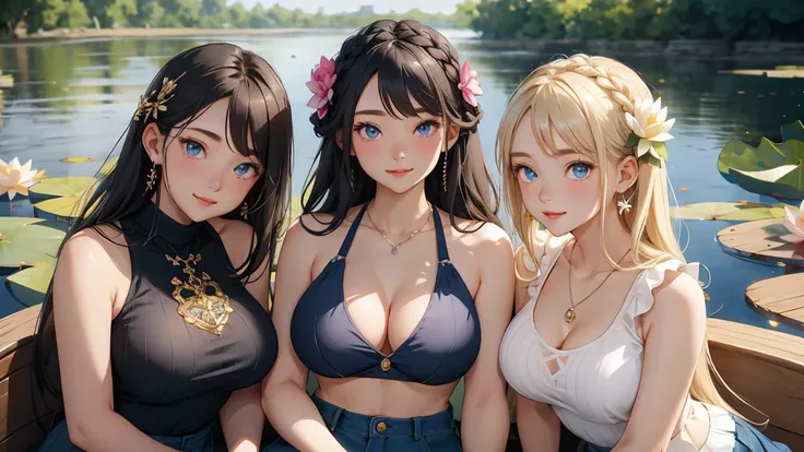 ( 3 girls), smile、Look into the camera、diamond necklace、braided hair, Wear a jeans skirt.,Random color tank top：1.2. Revealing the upper arm、Extra long twin tail feathers、Flower Hair Ornaments、 Masterpiece, Highest quality, 8ก, beautiful girl, young face、 ...