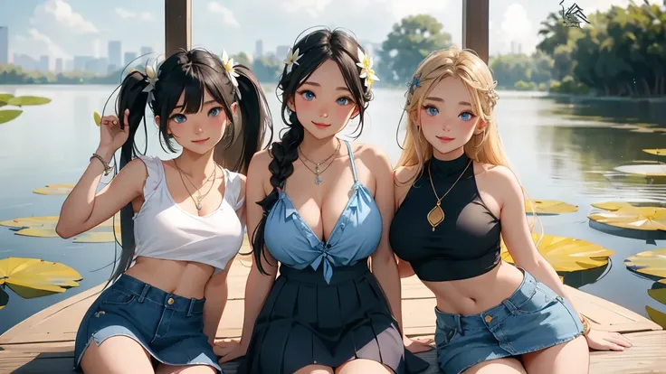 ( 3 girls), smile、Look into the camera、diamond necklace、braided hair, Wear a jeans skirt.,Random color tank top：1.2. Revealing the upper arm、Extra long twin tail feathers、Flower Hair Ornaments、 Masterpiece, Highest quality, 8ก, beautiful girl, young face、 ...