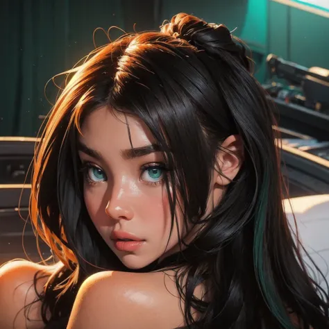 Beautiful girl with black hair and blue-green eyes, with a sensual look, Madison Beer, 