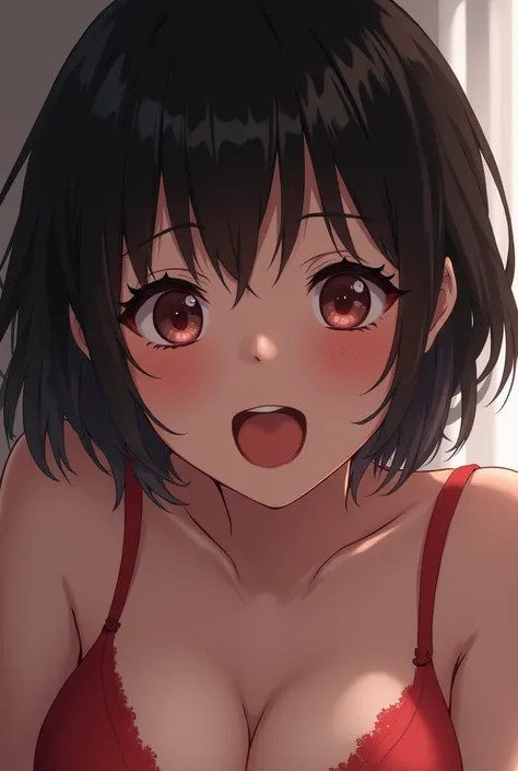 girl with bangs, short black hair, white with medium breasts, low height, with ahegao expression