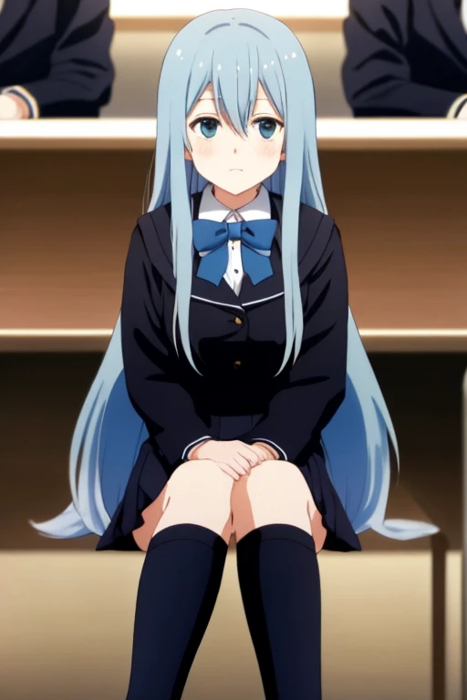 1girl, long light blue hair, dark blue, sit in class, black school modern uniform, anime