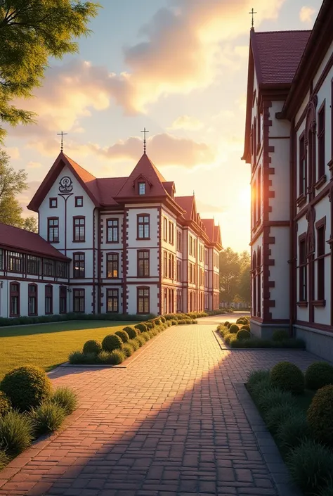 A large three-story school with white and wine-red walls, there is a courtyard in the middle and the building is on the left, on the right there is a multi-sports gym. Real photo, detailed, sunset 