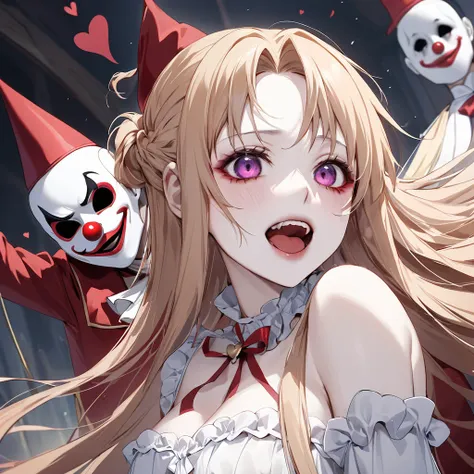 ((Highest quality)), ((masterpiece)), (detailed), （Perfect Face）、((The woman is a clown lady who used to be Asuna Yuuki. She has light brown, semi-long hair, pure white skin, and is wearing a creepy clown mask.))、The woman was wearing a creepy clown weddin...