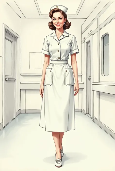 drawing of a nurse in a 1950s clinical outfit