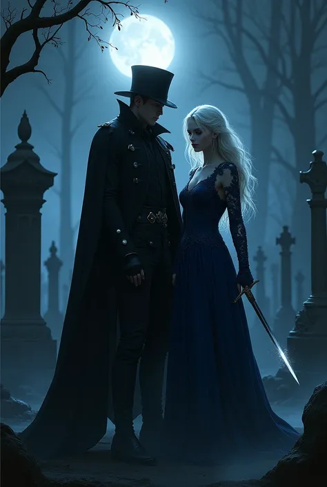 Create an image of a couple in the cemetery at night. The woman in a dark blue dress, holding a dagger, with platinum hair and the man with elegant and noble, with black clothes, long black hair, thin face, white and tall, with a cape and a black hat