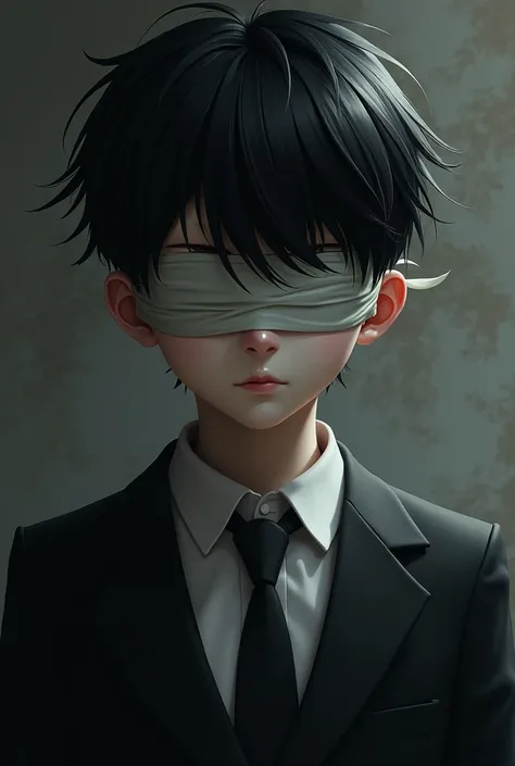 demon boy,short black hair,he has bandages covering his eyes,He wears a formal suit 