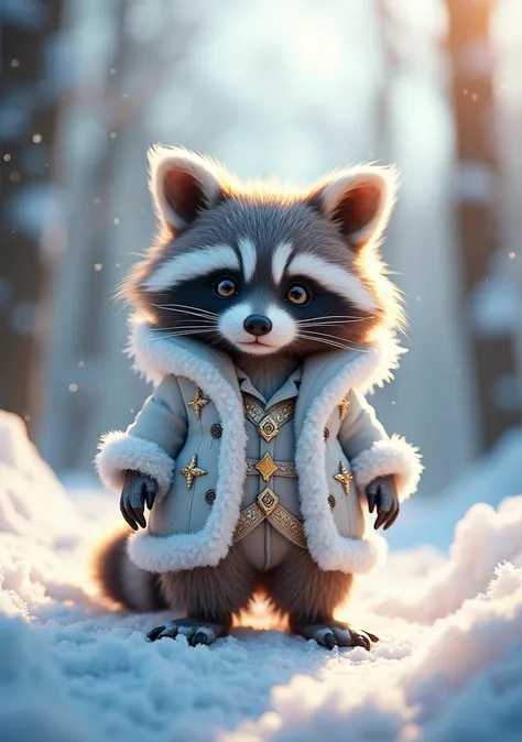 A captivating 3D render of a charmingly fluffy baby raccoon spirit, dressed in an elegant suit made of snow and frost, majestically stands amidst a snow-covered forest. The raccoons furry coat is adorned with intricate snowflake patterns, and its eyes spar...