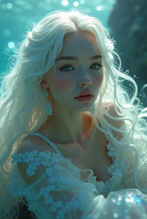 A mermaid,underwater,leaning against the sea,white hair,realistic style with fantasy elements,real characters have fish tails,high-definition,realistic Baby blue and light black,charming realistic characters,shiny skin,Surrealism,detailed clothing,The Tynd...