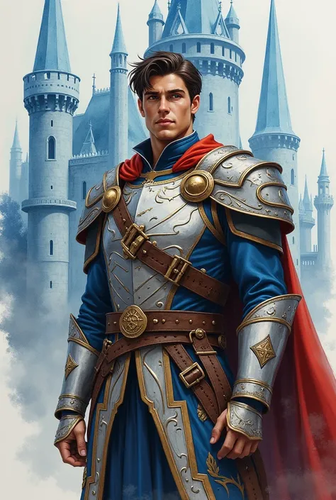 Create a realistic watercolor illustration of a 22-23-year-old man, tall and muscular. He has dark brown, short hair and brown eyes, with fair skin. Chaol should have an imposing presence, reflecting his role as a captain of the guard. He should be depicte...