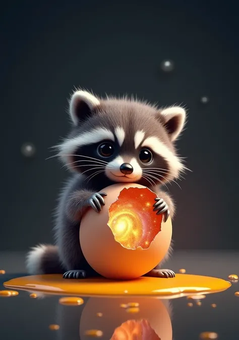 A captivating and conceptual 3D render of an adorable baby raccoon, showcasing its fluffy fur and curious expression. The raccoon tenderly holds a cracked eggshell, revealing a mesmerizing cosmic scene within, complete with swirling galaxies, stars, and ce...