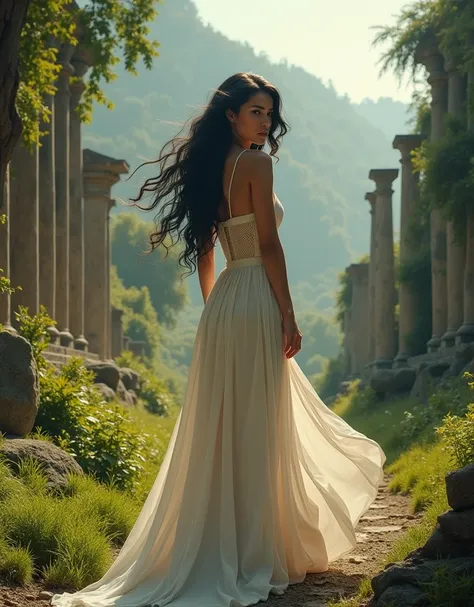 beautiful woman zodiac sign woman, (sign of Aries), with Ruins, wears a long white dress, completely black hair, Nature background, 8k, detailed skin, perfect lightning, hyperrealistic image