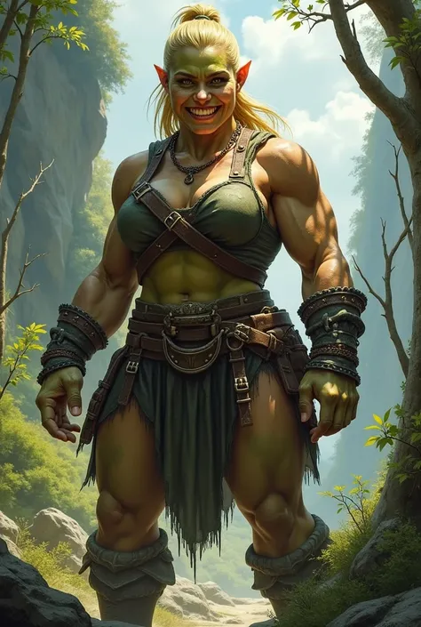 A large, muscular female orc who is not skinny, with sharp, prominent teeth and blonde hair, smiling