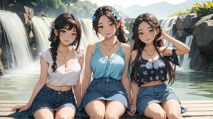 ( 3 girls),  smile、Look into the camera、diamond necklace、braided hair, Wear a jeans skirt.,Random color tank top：1.2. Revealing the upper arm、Extra long twin tail feathers、Flower Hair Ornaments、 Masterpiece, Highest quality, 8ก, beautiful girl, young face、...