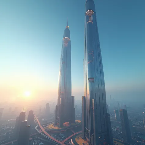 Two futuristic shiny steel towers in the middle of a city with the horizon and sun to the left of the image and blue sky 