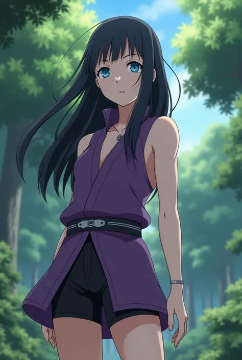 Screenshot, naruto anime style, a girl woman, pale white skin, medium height, blue eyes, black hair, long, loose, no bangs, ninja clothes linda, violet short dress and black shorts, with a ninja band on the waist, In a forest
