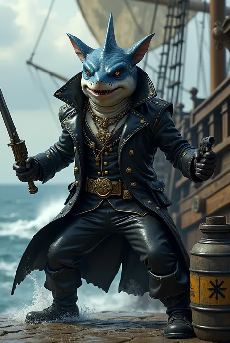 create a pirate hammerhead shark that wears a pirate outfit that has black leather features with gold details and his arms are uncovered, In the image, he needs to hold a gun and a sword., while in a fighting stance with an angry facial expression, In the ...