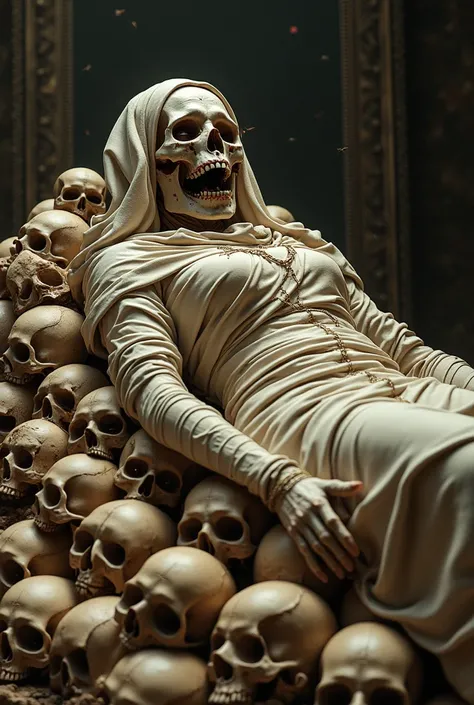 Make a female mummy lying on top of a pile of skulls, with his mouth open, flies coming out, renascentist style.