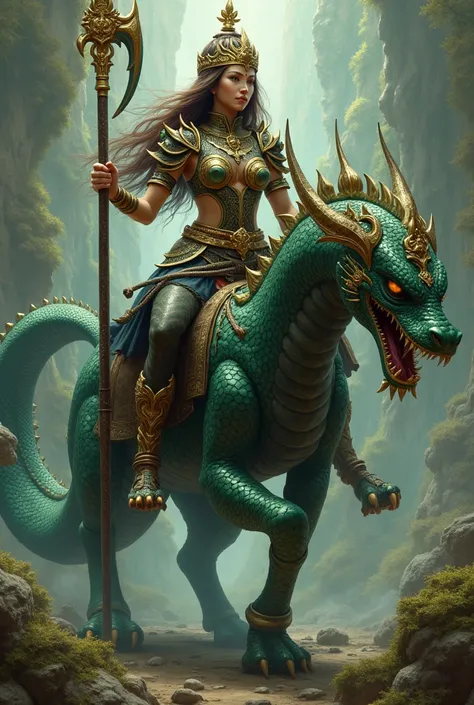 A Thai female warrior with long brown hair, wearing black and gold armor, holding a large sickle as a weapon, riding a green king of nagas.