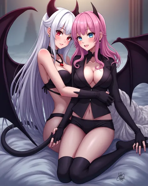 "In a striking 2D anime-style scene, the succubus with long, straight white hair and the pink-haired action anime girl are posed together. The succubus reclines with a relaxed yet commanding posture, wearing a revealing bikini, thigh-high boots, and long g...