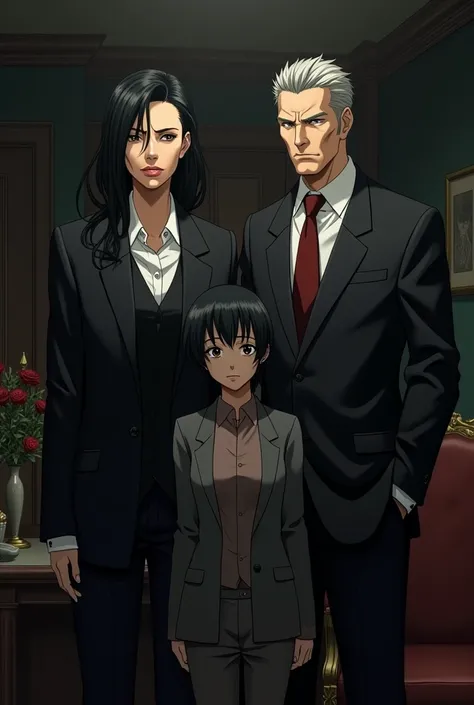 Anime style, mafia, family, mother, father, adult daughter, timid, black hair