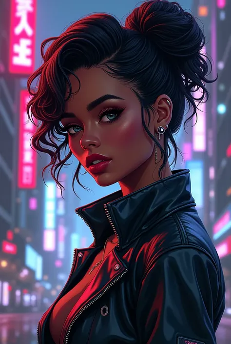 Cyberpunk style drawing of a light-skinned Black girl, curly hair, piercing na boca, makeup