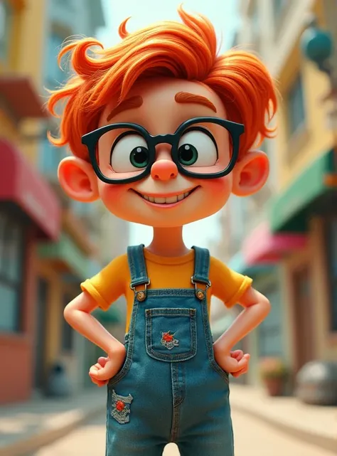 Create a redhead character wearing a overall an glasses in the Rubber hose style